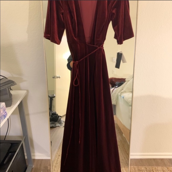 Red Velvet Plunging Neckline Maxi Wrap Dress - Picture 2 of 8
